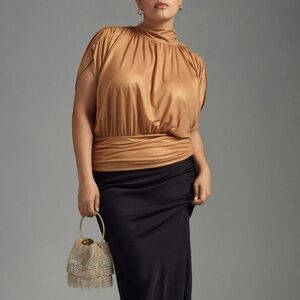 Anthropologie Maeve 2X NEW Ruch Mock Neck Muscle Tank Blouse Cedar Camel Foil